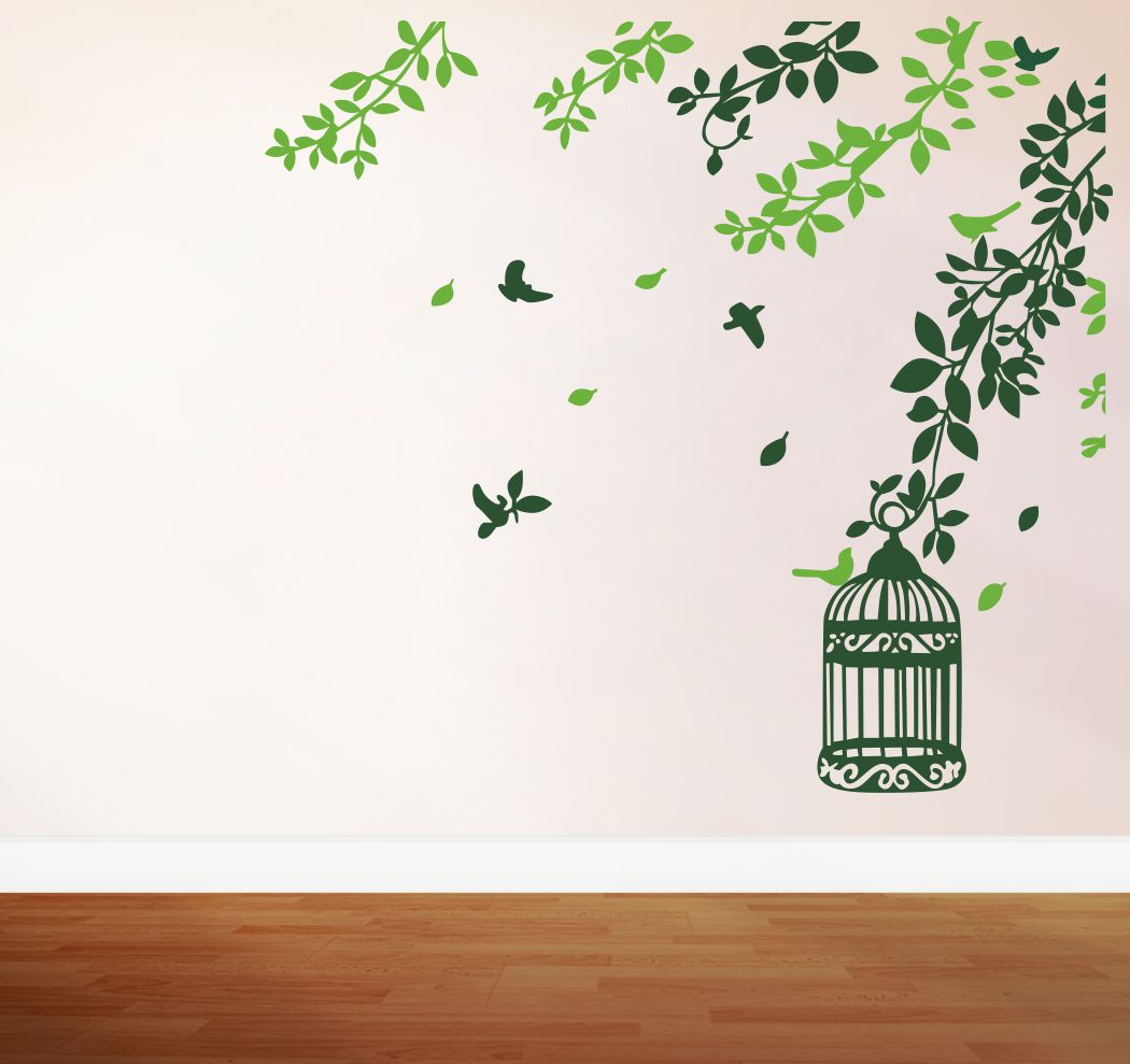 Homexa Decor | Leaf With Birds and Hanging Cage Wall Sticker (Size 73 x 67 cm)
