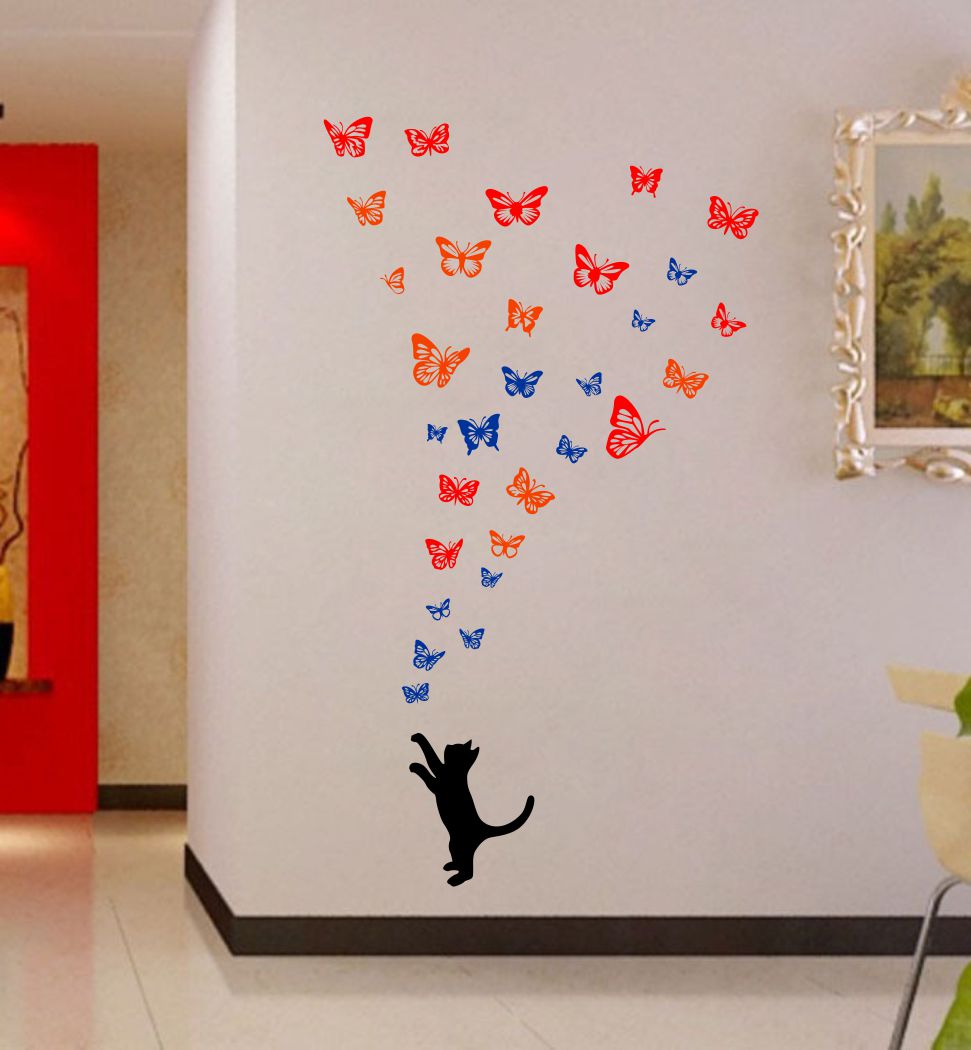 Homexa Decor | Cat and Butterfly Wall Sticker (Size 71x127 cm)