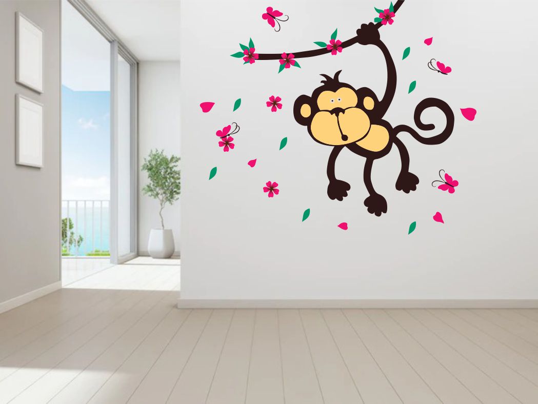 Homexa Decor | Tree With Monkey and butterfly Wall Sticker (Size 70x59 cm)