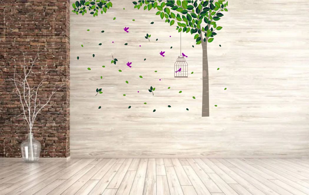 Homexa Decor | Tree With Birds and Cages Design Wall Sticker (Size 90x67 cm)