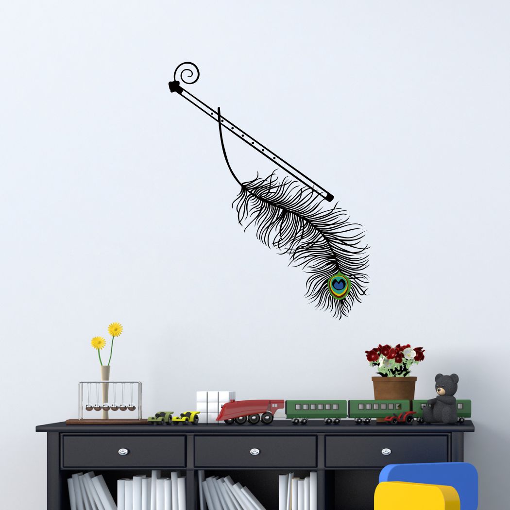 Homexa Decor | Krishna Flute And Peacock Feather Wall Sticker (Size 91 x 30 cm)