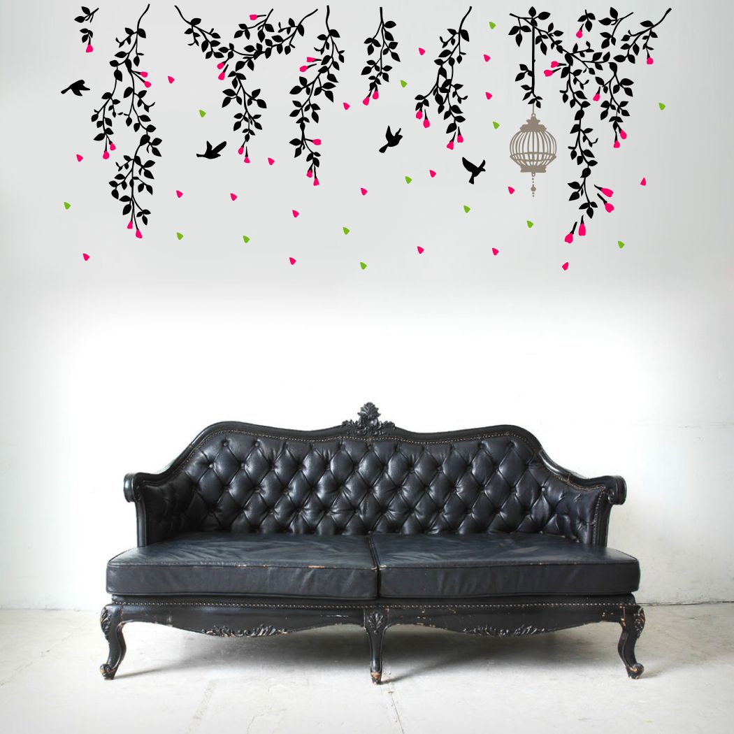 Homexa Decor | Flower With Leaf and Hanging cage Wall Sticker (Size 106 x 46 cm)
