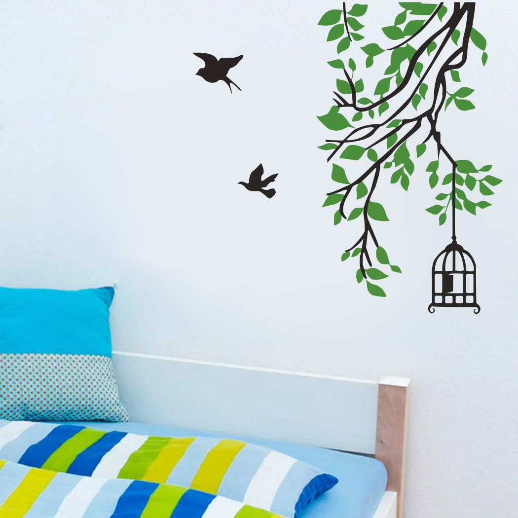 Homexa Decor | Tree With Leaf and Hanging cage Design Wall Sticker (Size 83 x 73 cm)