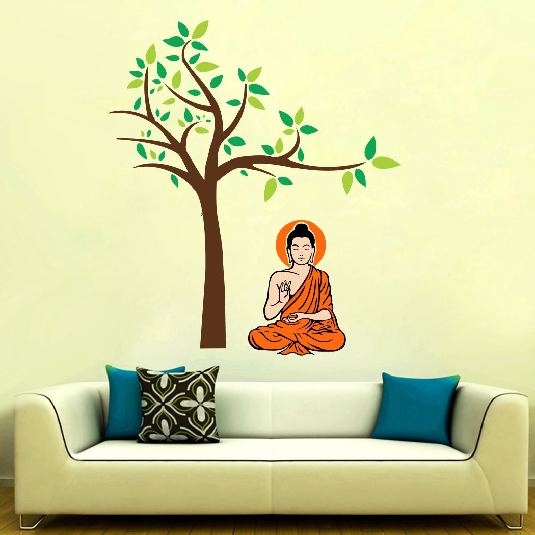 Homexa Decor | Tree With Leaf and Buddha Design Wall Sticker (Size 68 x 59 cm)