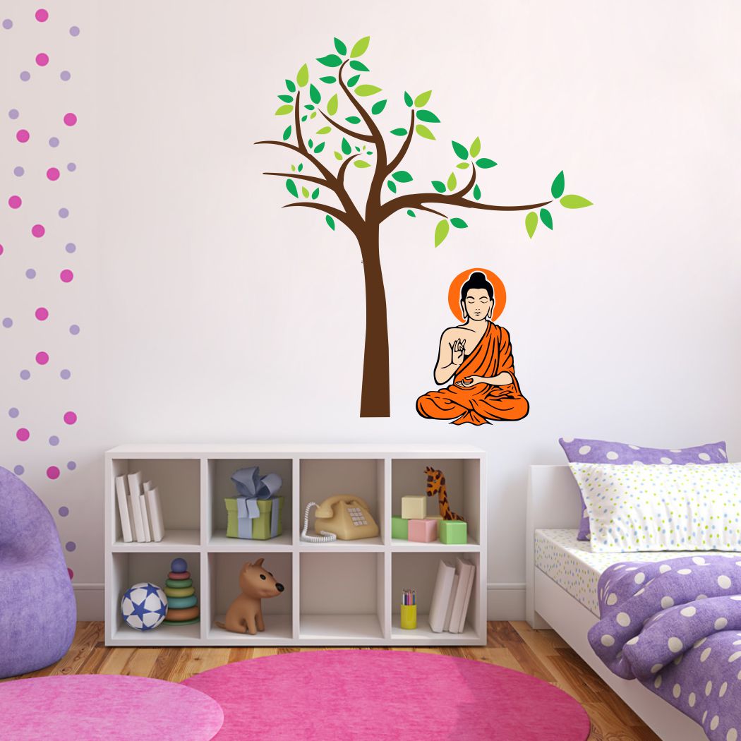 Homexa Decor | Tree With Leaf and Buddha Design Wall Sticker (Size 68 x 59 cm)