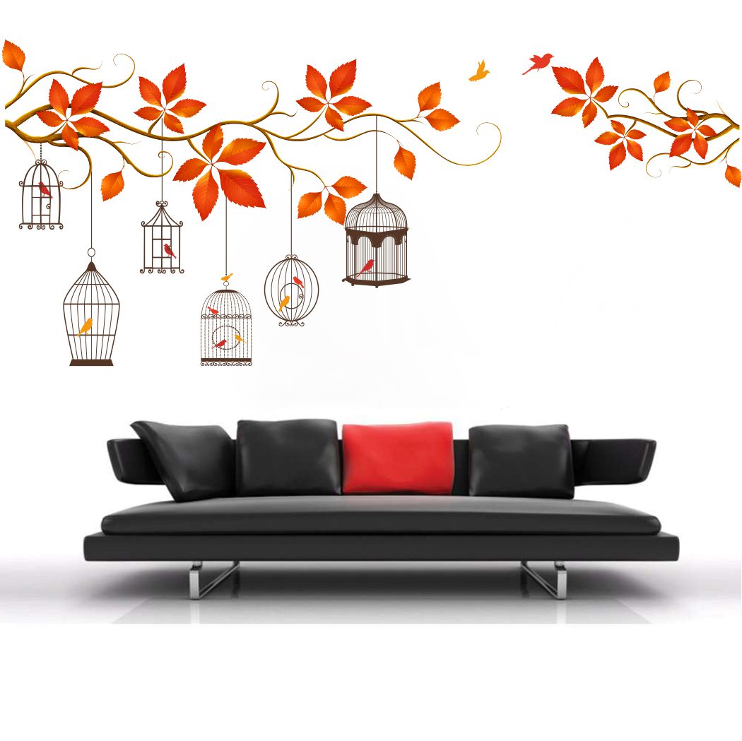 Homexa Decor | Tree With Leaf and Hanging cages Design Wall Sticker (Size 116x52 cm)