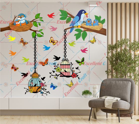 Delight Art Beautiful Butterfly-Birds-Tree-Hanging Cages Design Wall Sticker Size - ( 96 X 79 ) Cm