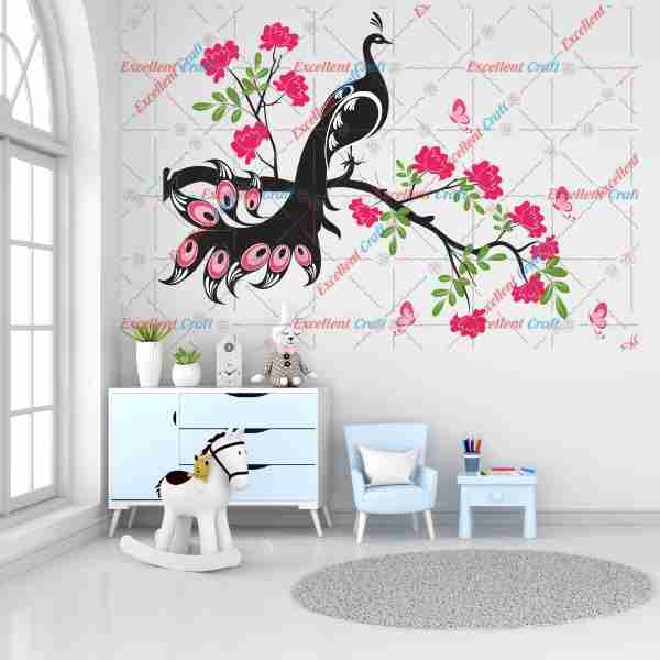 Delight Art Tree With Peacock Flower and Butterfly Design Wall Sticker Size - ( 88 x 65 ) cm