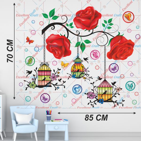 Homexa Decor Rose,Leaf,Butterflies,Hanging Cages Design Wall Sticker Size - ( 85 x 70 ) Cm