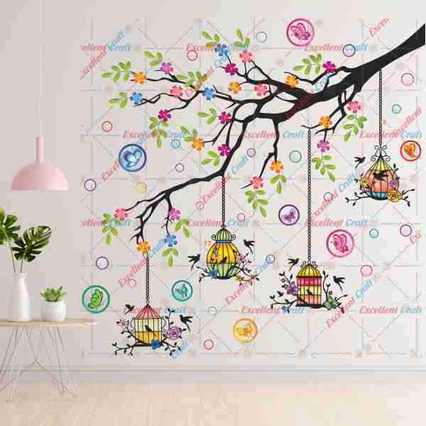 Homexa Decor Tree,Flower,Leaf,Butterflies,Hanging Cages Design Wall Sticker Size - ( 85 x 85 ) Cm