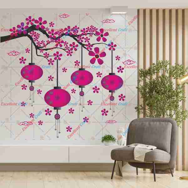 Homexa Decor Chinese Lamp-Branches-Flowers-Clouds Design Wall Sticker Size - ( 70 x 77 ) Cm