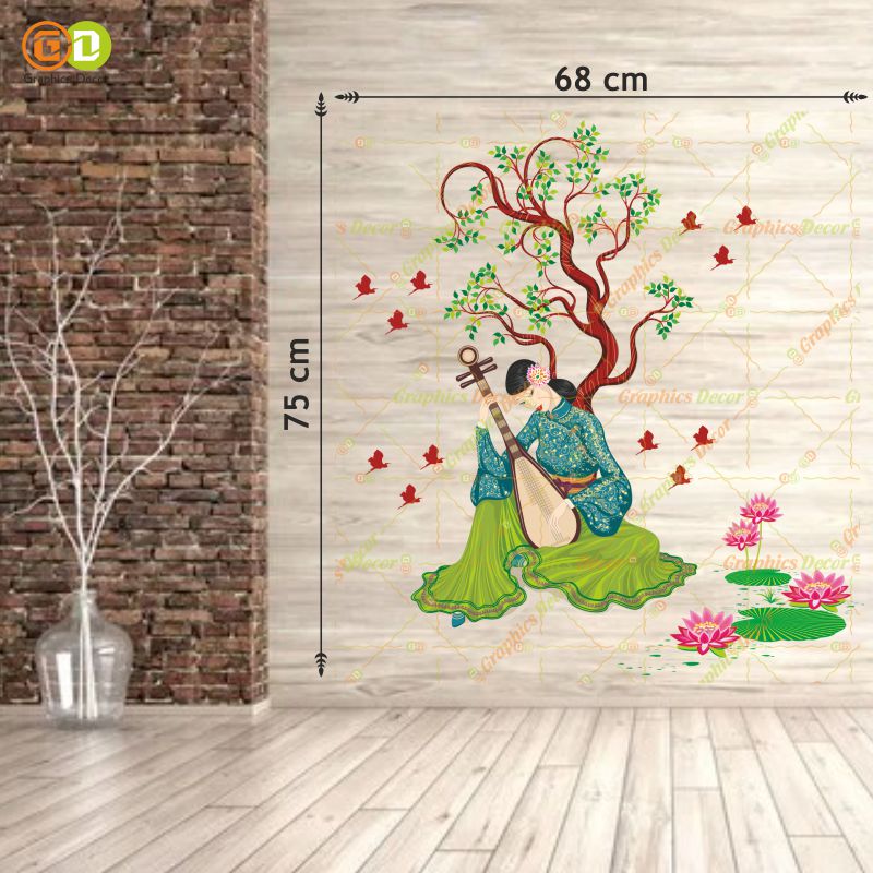 Homexa Decor | Chinese Girl Playing Lute Under the Tree Green (68 x 75 cm)