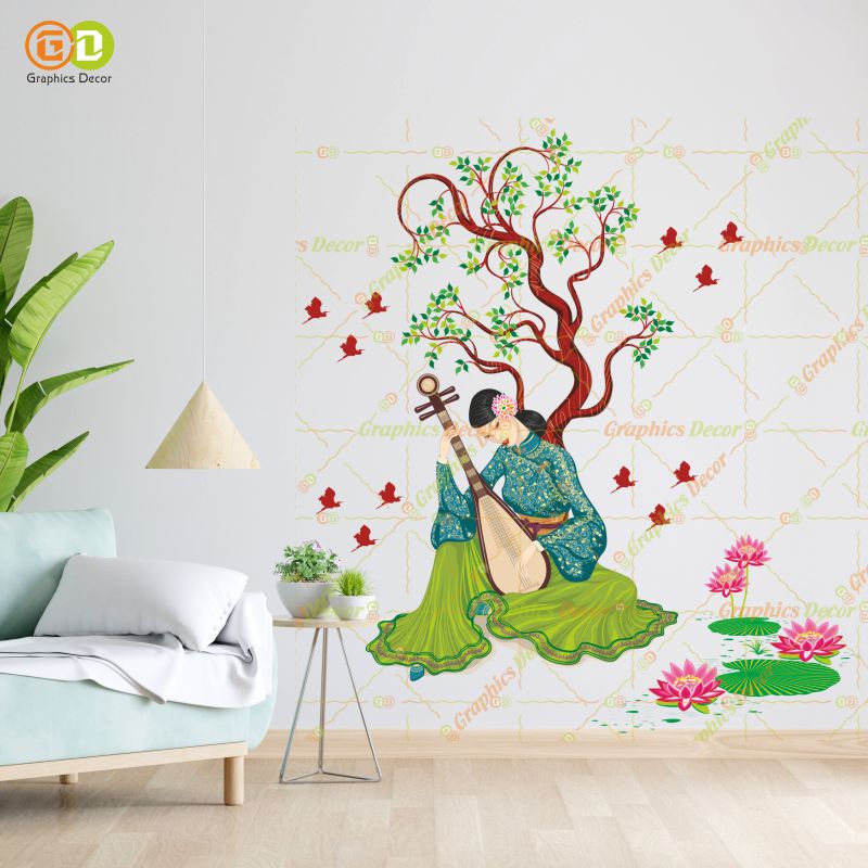 Homexa Decor | Chinese Girl Playing Lute Under the Tree Green (68 x 75 cm)