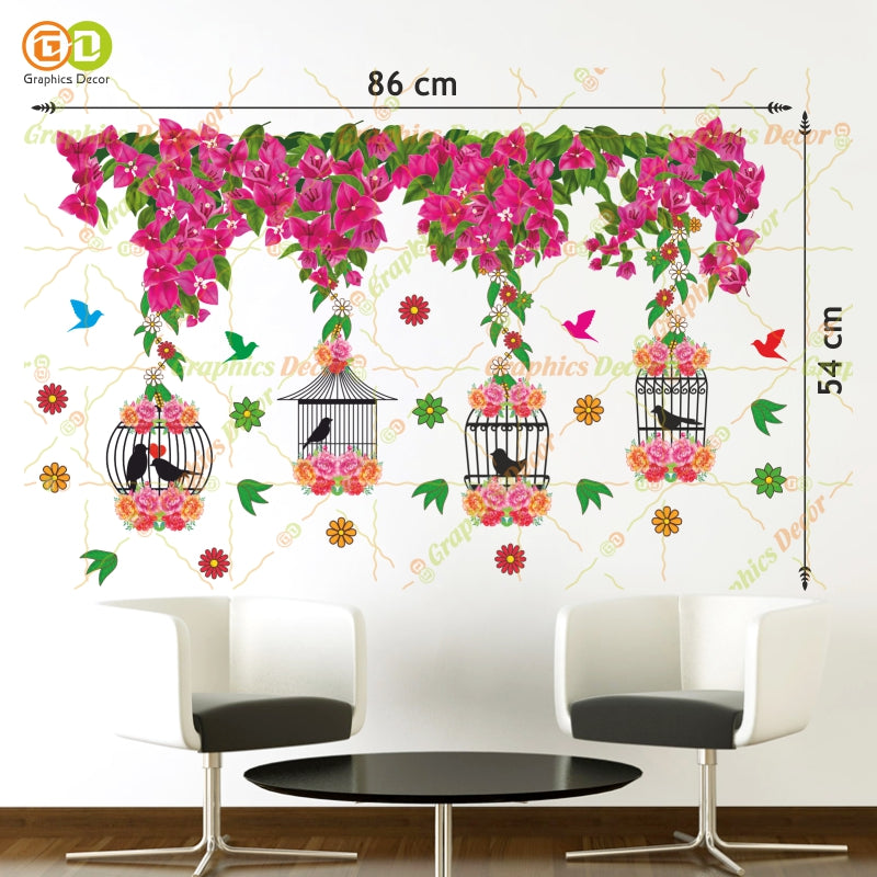 Homexa Decor |Tree Below Hanging Cages with Flower & Birds Pink Wall Sticker (86 x 54 cm)