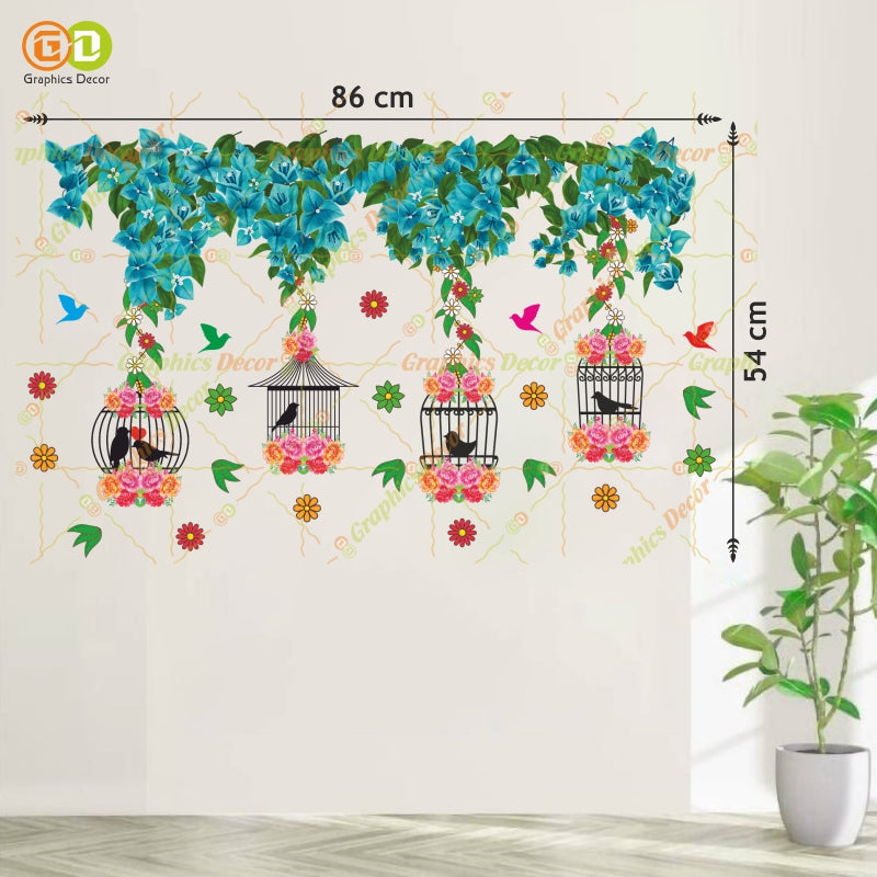 Homexa Decor |Tree Below Hanging Cages with Flower & Birds Pink Wall Sticker (86 x 54 cm)