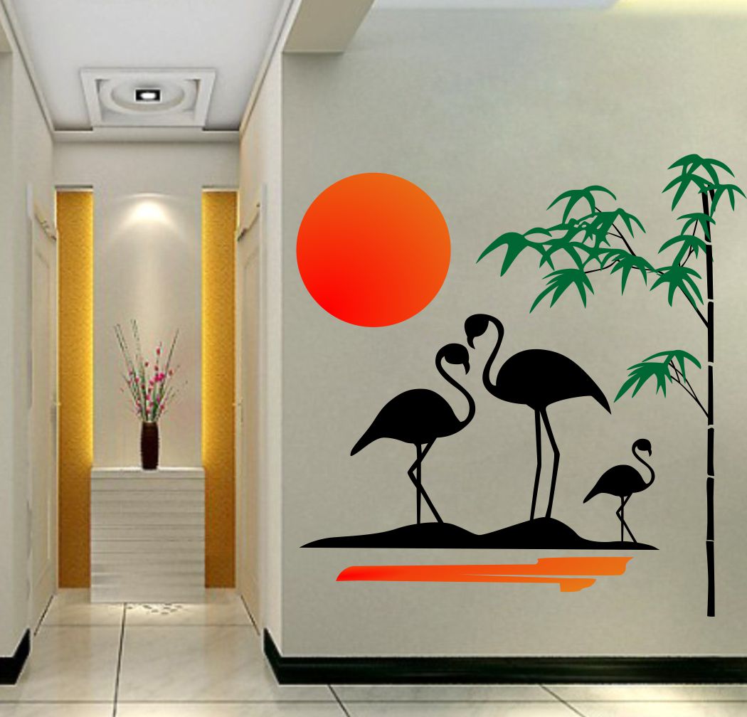 Homexa Decor | Crane With Tree and Sun Wall Sticker (Size 58 x 58 cm)