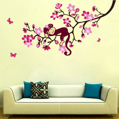 Homexa Decor | Tree With Monkey and Butterfly Wall Sticker (Size 91 x 48 cm)
