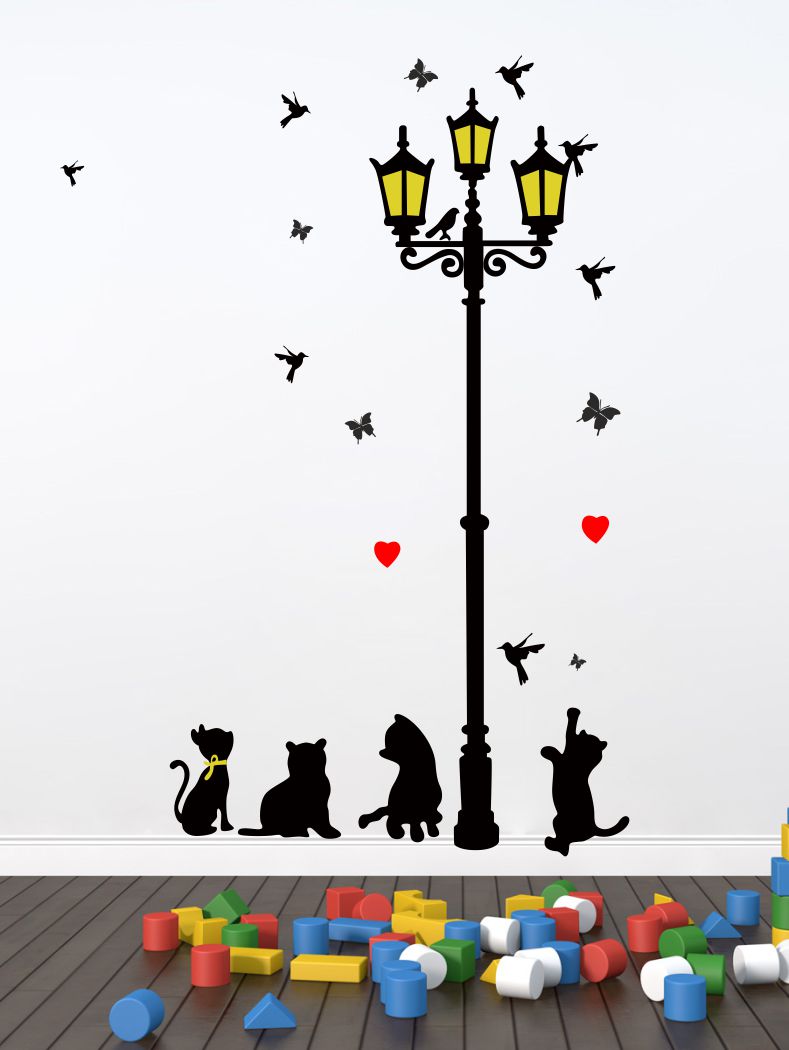 Homexa Decor | Cat With Lamp Birds and Butterfly Wall Sticker (Size 82 x 58 cm)