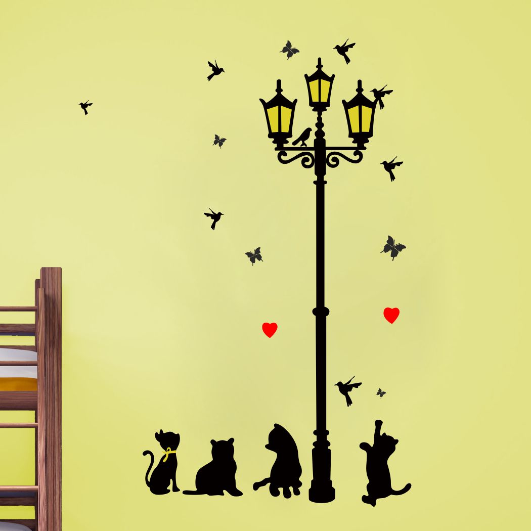 Homexa Decor | Cat With Lamp Birds and Butterfly Wall Sticker (Size 82 x 58 cm)