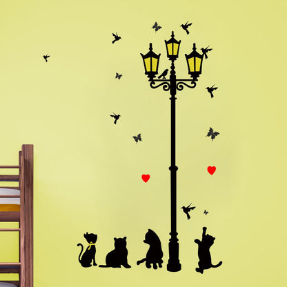 Homexa Decor | Cat With Lamp Birds and Butterfly Wall Sticker (Size 82 x 58 cm)