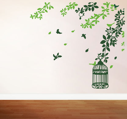 Homexa Decor |  Leaf With Birds and Hanging Cage Wall Sticker (Size 73 x 67 cm)