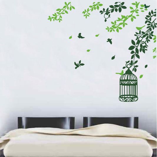 Homexa Decor |  Leaf With Birds and Hanging Cage Wall Sticker (Size 73 x 67 cm)