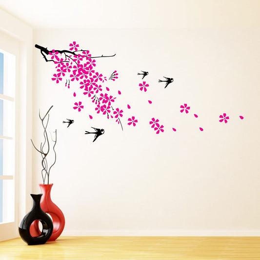 Homexa Decor | Branches With Flower and Birds Design Wall Sticker (Size 121 x 58 cm)