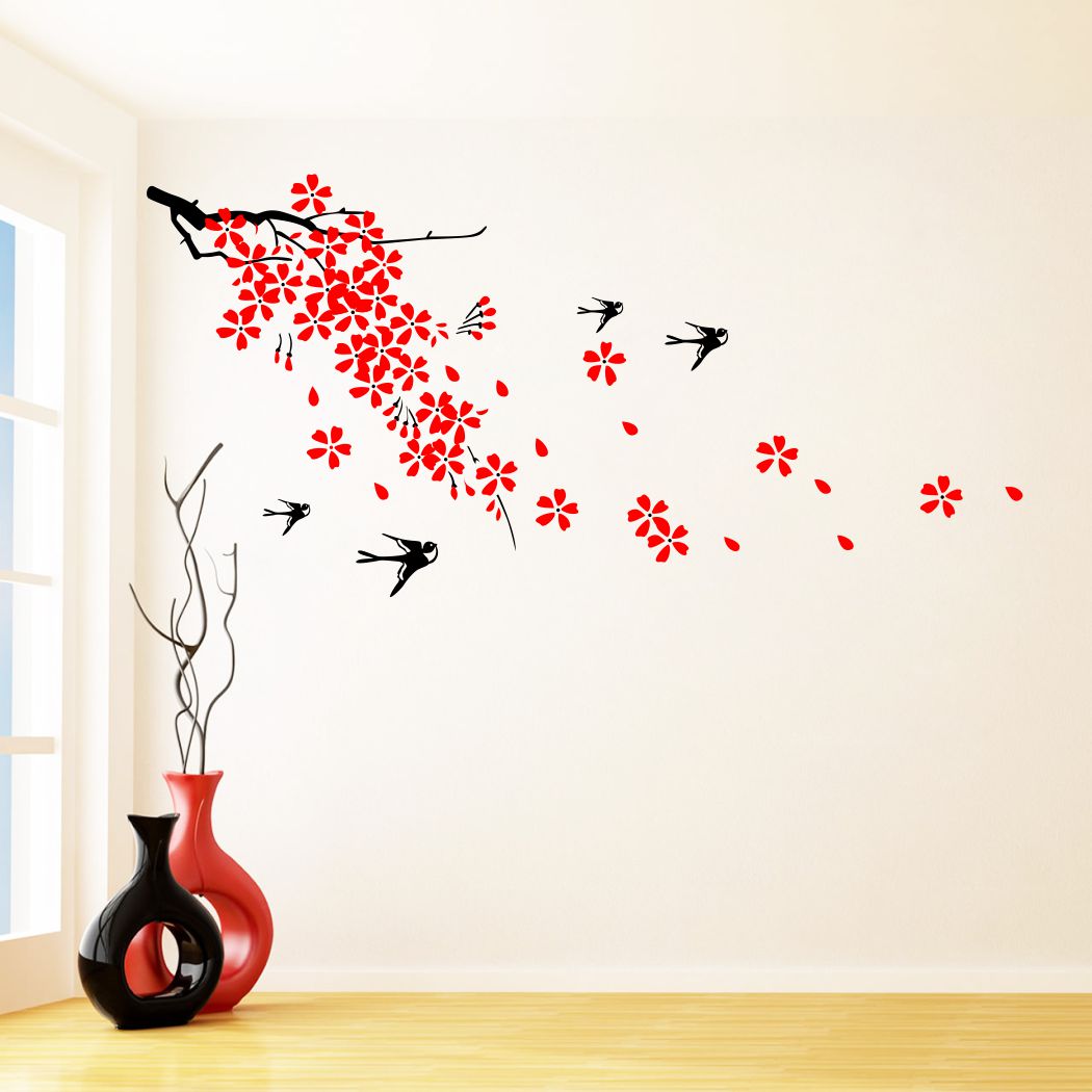 Homexa Decor | Branches With Flower and Birds Design Wall Sticker (Size 121 x 58 cm)