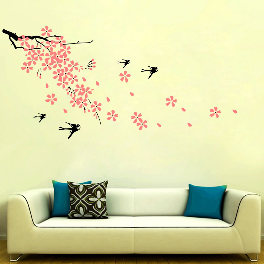 Homexa Decor | Branches With Flower and Birds Design Wall Sticker (Size 121 x 58 cm)