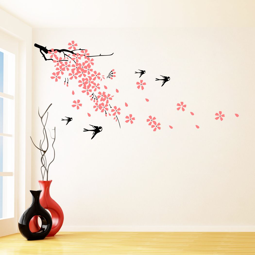 Homexa Decor | Branches With Flower and Birds Design Wall Sticker (Size 121 x 58 cm)