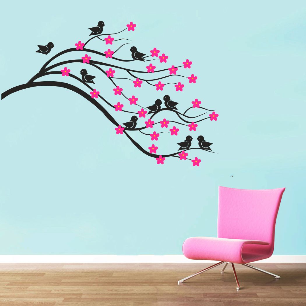 Homexa Decor | Branches With Birds and Flower Design Wall Sticker (Size 91 x 59 cm)