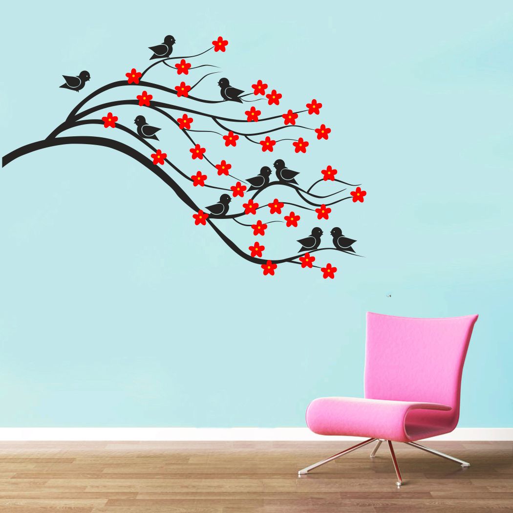 Homexa Decor | Branches With Birds and Flower Design Wall Sticker (Size 91 x 59 cm)