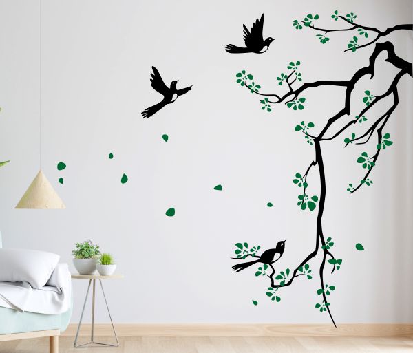 Homexa Decor | Branches With Birds and Flower Design Wall Sticker (Size 91 x 81 cm)