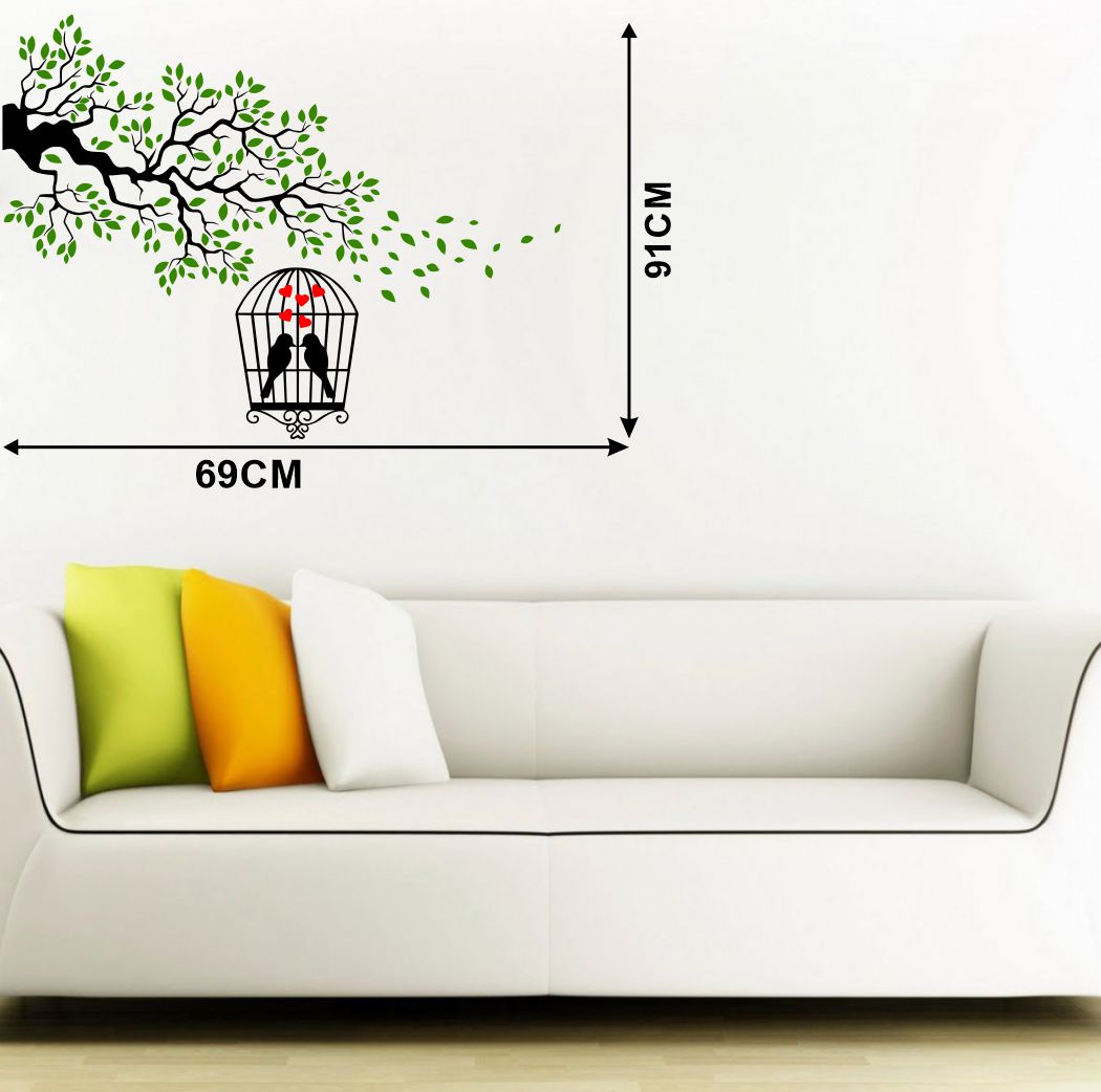 Homexa Decor | Branches With Birds and Leaf and Cages Design Wall Sticker (Size 69 x 91 cm)