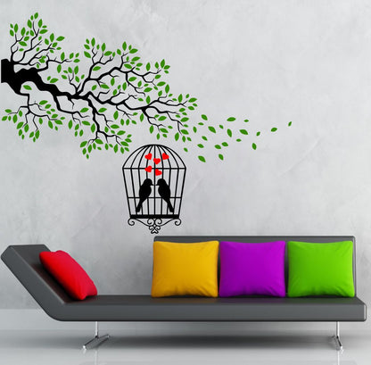 Homexa Decor | Branches With Birds and Leaf and Cages Design Wall Sticker (Size 69 x 91 cm)