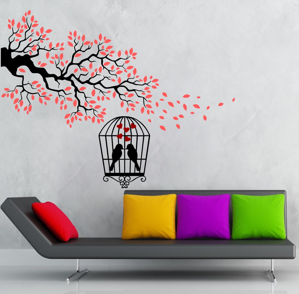 Homexa Decor | Branches With Birds and Leaf and Cages Design Wall Sticker (Size 69 x 91 cm)