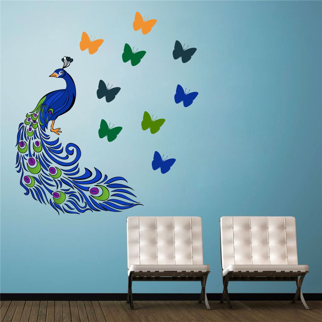 Homexa Decor | Peacock With Butterfly Wall Sticker (Size 74 x 67 cm)