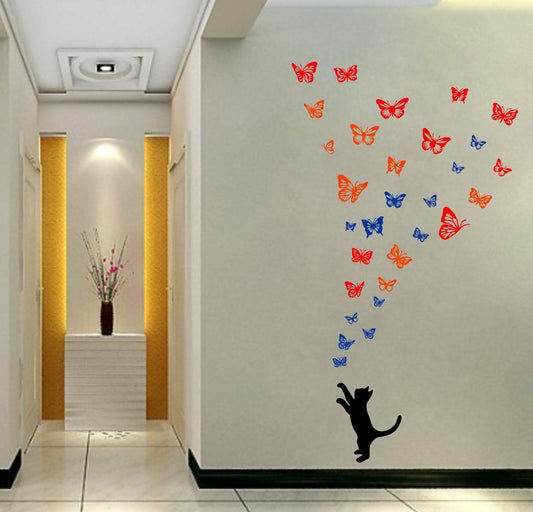 Homexa Decor | Cat and Butterfly Wall Sticker (Size 71x127 cm)