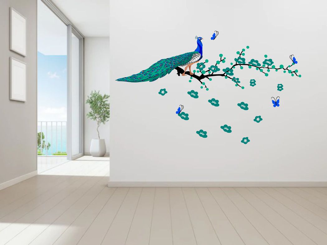 Homexa Decor | Tree With Peacock and Butterfly Design Wall Sticker (Size 122x74 cm)