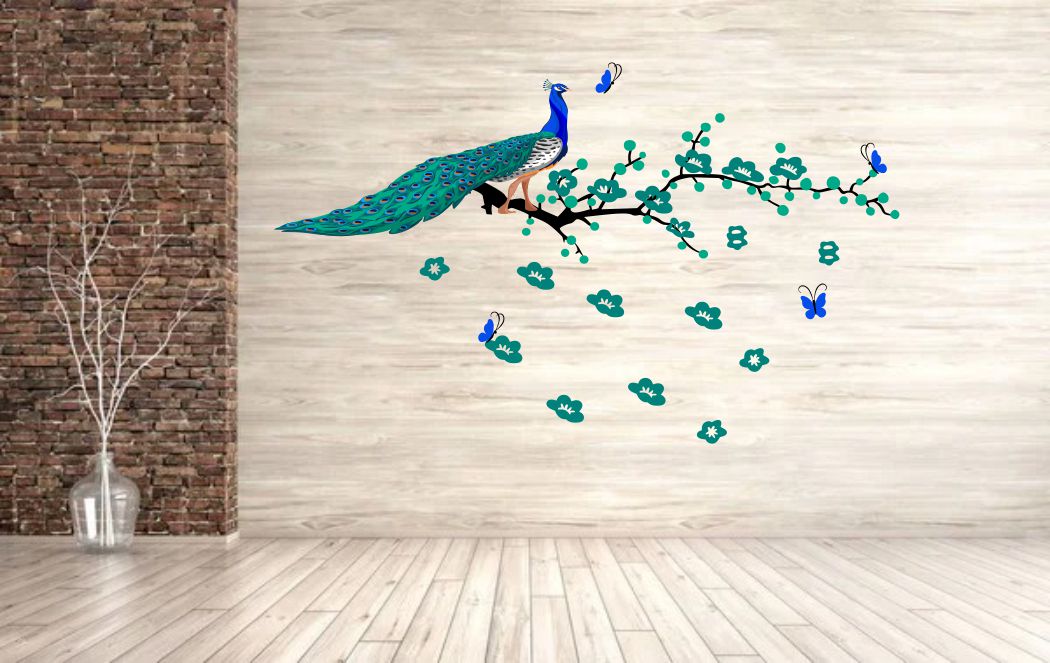 Homexa Decor | Tree With Peacock and Butterfly Design Wall Sticker (Size 122x74 cm)