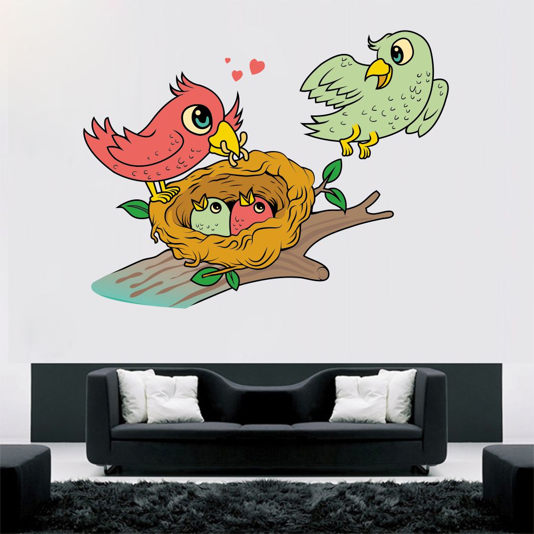 Homexa Decor | Tree With Birds and Baby Birds Wall Sticker (Size 63x48 cm)