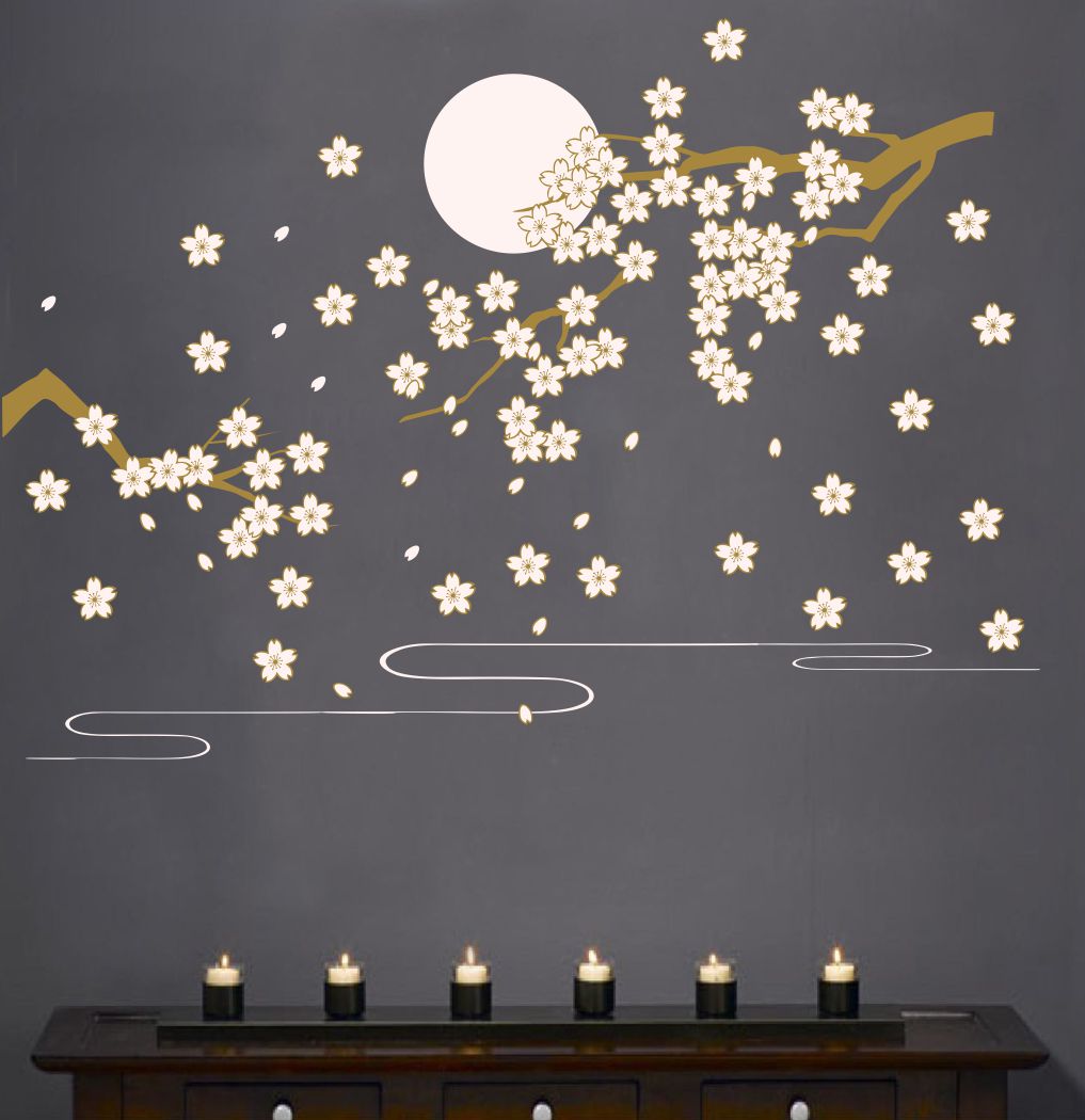 Homexa Decor | Tree With Flower and Moon Wall Sticker (Size 97x64 cm)