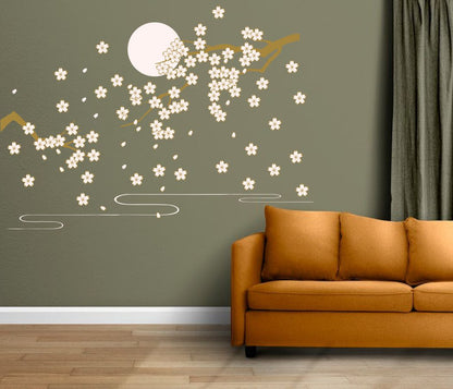 Homexa Decor | Tree With Flower and Moon Wall Sticker (Size 97x64 cm)