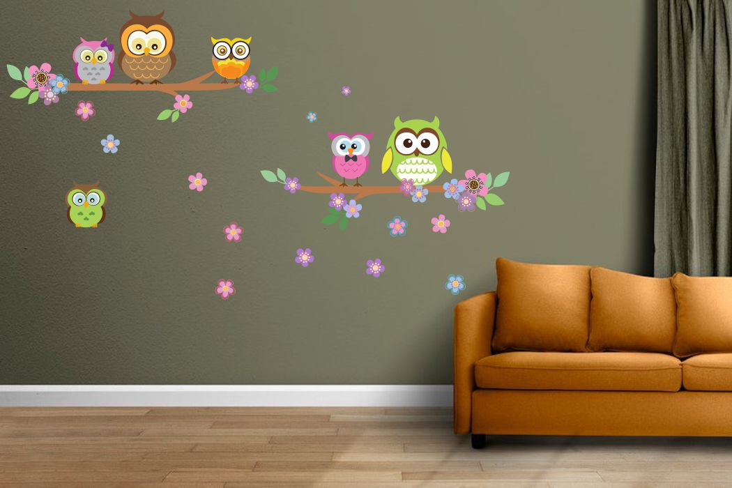 Homexa Decor | Tree With Flower and Owl Wall Sticker (Size 94x54 cm)