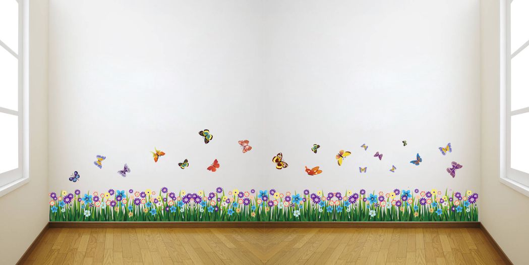 Homexa Decor | Flower With Butterfly and Grass Design  Wall Sticker (Size 170 x 36 cm)