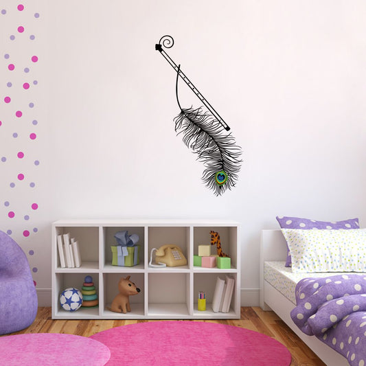 Homexa Decor | Krishna Flute And Peacock Feather Wall Sticker (Size 91 x 30 cm)