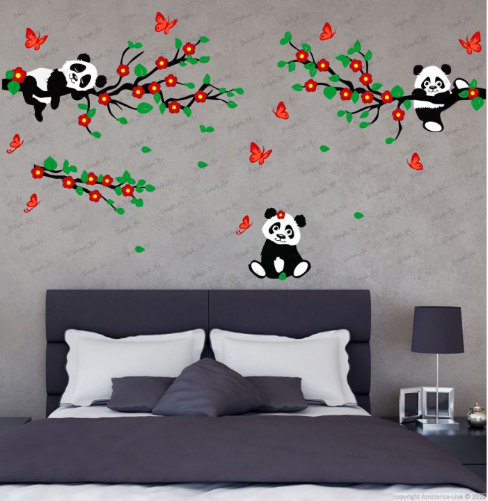 Homexa Decor | Branches With Pandas Design wall Sticker Sticker (Size 113 x 58 cm)