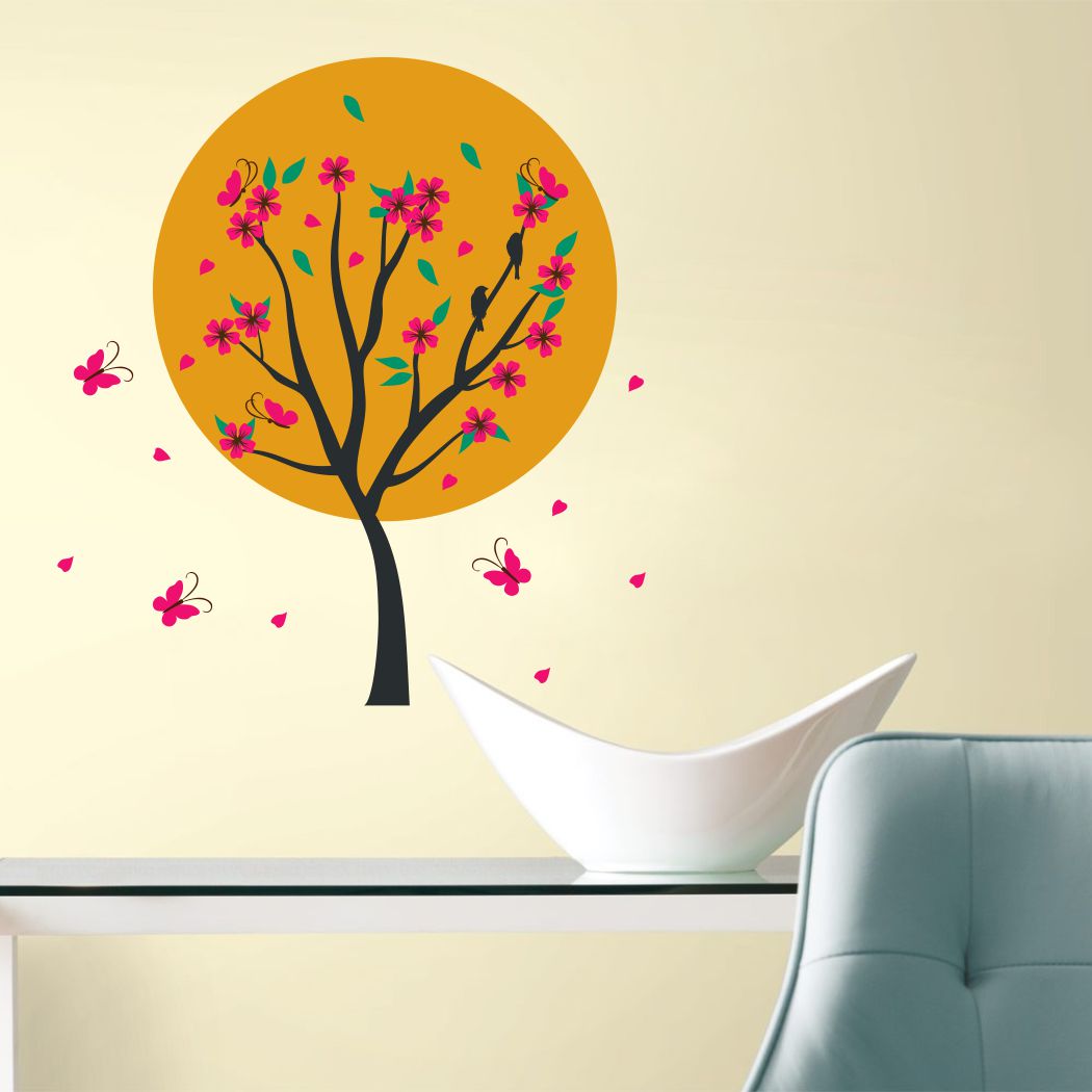 Homexa Decor | Tree, Sun With Flower and Butterfly Wall Sticker (Size 64 x 71 cm)