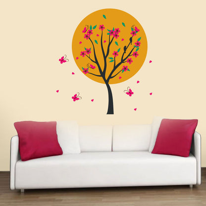 Homexa Decor | Tree, Sun With Flower and Butterfly Wall Sticker (Size 64 x 71 cm)