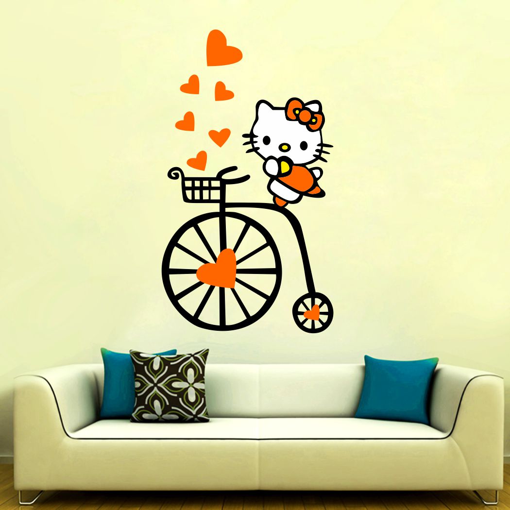 Homexa Decor | Cute Kitty With Bicycle Design wall Sticker Sticker (Size 40 x 71 cm)